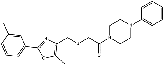 Ethanone, 2-[[[5-methyl-2-(3-methylphenyl)-4-oxazolyl]methyl]thio]-1-(4-phenyl-1-piperazinyl)- Struktur