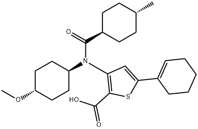 2-Thiophenecarboxylic acid, 5-(1-cyclohexen-1-yl)-3-[(trans-4-methoxycyclohexyl)[(trans-4-methylcyclohexyl)carbonyl]amino]- Struktur