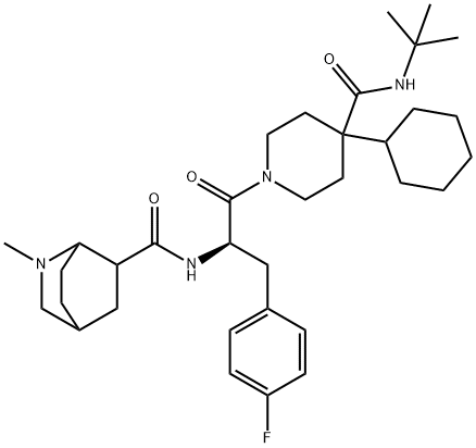 2-Azabicyclo[2.2.2]octane-6-carboxamide, N-[(1R)-2-[4-cyclohexyl-4-[[(1,1-dimethylethyl)amino]carbonyl]-1-piperidinyl]-1-[(4-fluorophenyl)methyl]-2-oxoethyl]-2-methyl- Struktur