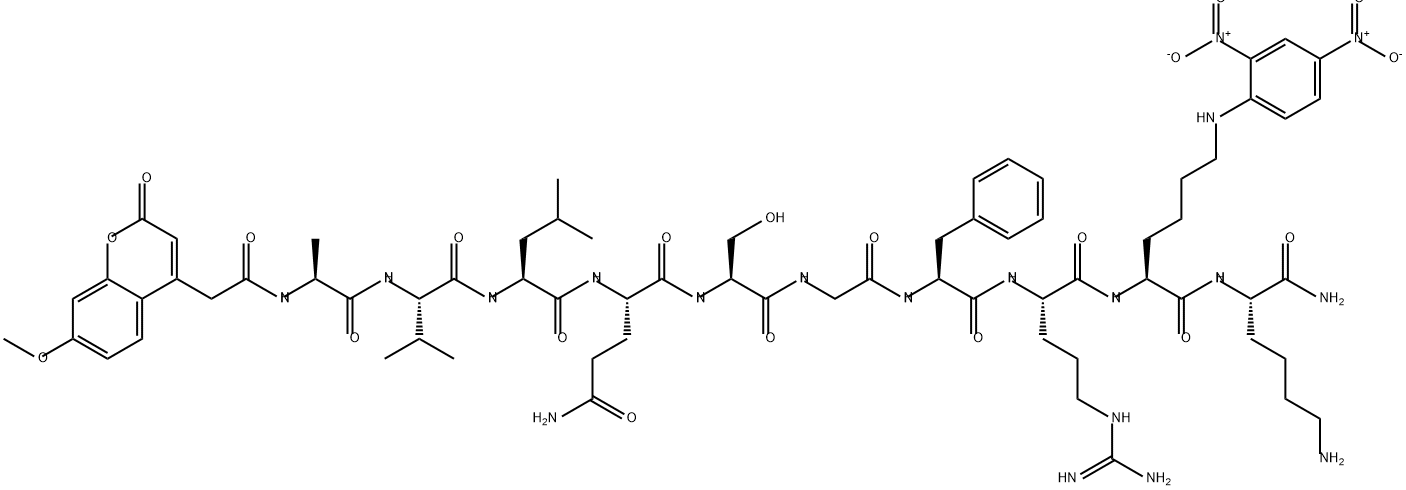 L-Lysinamide, N-[2-(7-methoxy-2-oxo-2H-1-benzopyran-4-yl)acetyl]-L-alanyl-L-valyl-L-leucyl-L-glutaminyl-L-serylglycyl-L-phenylalanyl-L-arginyl-N6-(2,4-dinitrophenyl)-L-lysyl- Struktur