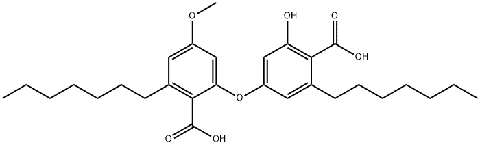 Benzoic acid, 2-(4-carboxy-3-heptyl-5-hydroxyphenoxy)-6-heptyl-4-methoxy- Struktur