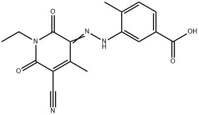 Benzoic acid, 3-?[2-?(5-?cyano-?1-?ethyl-?1,?6-?dihydro-?4-?methyl-?2,?6-?dioxo-?3(2H)?-?pyridinylidene)?hydrazinyl]?-?4-?methyl- Struktur