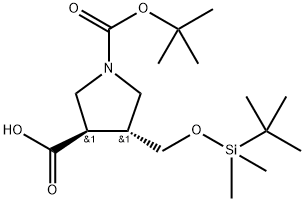 1,3-Pyrrolidinedicarboxylic acid, 4-[[[(1,1-dimethylethyl)dimethylsilyl]oxy]methyl]-, 1-(1,1-dimethylethyl) ester, (3R,4R)- Struktur