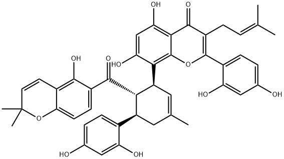 4H-1-Benzopyran-4-one, 2-(2,4-dihydroxyphenyl)-8-[(1S,5R,6S)-5-(2,4-dihydroxyphenyl)-6-[(5-hydroxy-2,2-dimethyl-2H-1-benzopyran-6-yl)carbonyl]-3-methyl-2-cyclohexen-1-yl]-5,7-dihydroxy-3-(3-methyl-2-buten-1-yl)- Struktur