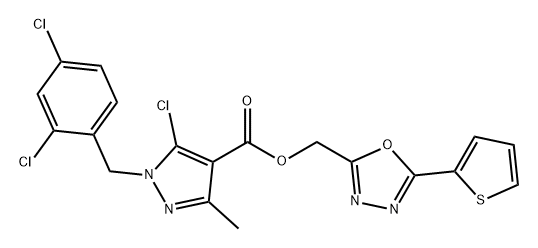 1H-Pyrazole-4-carboxylic acid, 5-chloro-1-[(2,4-dichlorophenyl)methyl]-3-methyl-, [5-(2-thienyl)-1,3,4-oxadiazol-2-yl]methyl ester Struktur