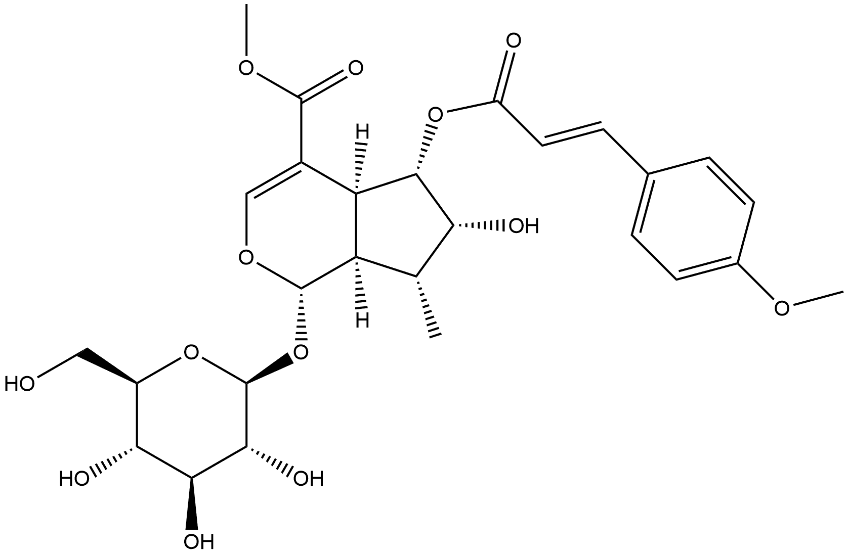 Cyclopenta[c]pyran-4-carboxylic acid, 1-(β-D-glucopyranosyloxy)-1,4a,5,6,7,7a-hexahydro-6-hydroxy-5-[[(2E)-3-(4-methoxyphenyl)-1-oxo-2-propen-1-yl]oxy]-7-methyl-, methyl ester, (1S,4aS,5S,6R,7R,7aR)- Struktur