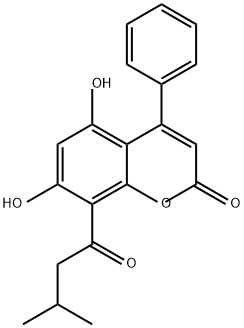 2H-1-Benzopyran-2-one, 5,7-dihydroxy-8-(3-methyl-1-oxobutyl)-4-phenyl- Struktur