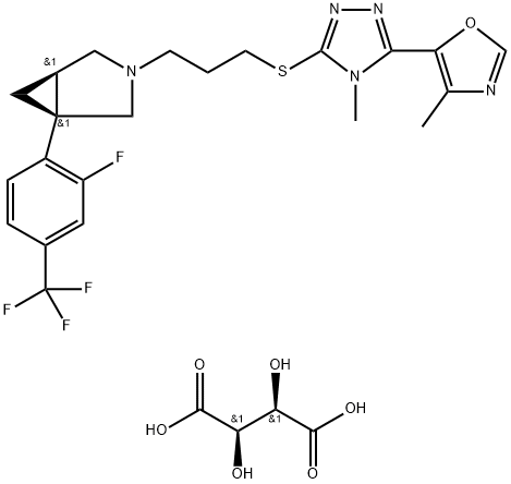 3-Azabicyclo[3.1.0]hexane, 1-[2-fluoro-4-(trifluoromethyl)phenyl]-3-[3-[[4-methyl-5-(4-methyl-5-oxazolyl)-4H-1,2,4-triazol-3-yl]thio]propyl]-, (1S,5R)-, (2R,3R)-2,3-dihydroxybutanedioate (1:1) Struktur