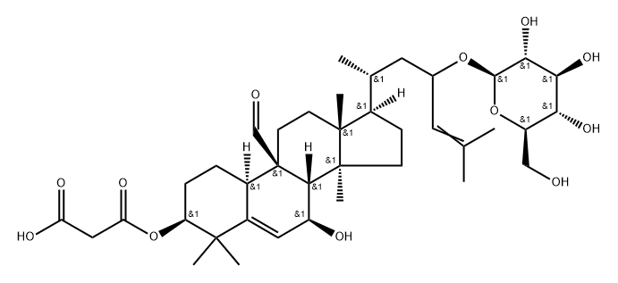 19-Norlanosta-5,24-diene-9-carboxaldehyde, 3-[(2-carboxyacetyl)oxy]-23-(β-D-glucopyranosyloxy)-7-hydroxy-, (3β,7β,9β,10α)- Struktur