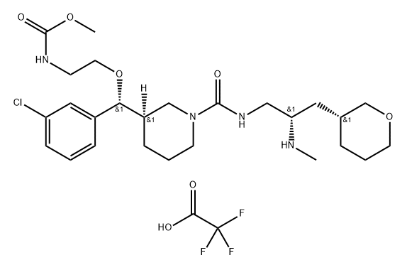 CARBAMIC ACID, N-[2-[(R)-(3-CHLOROPHENYL)[(3R)-1-[[[(2S)-2-(METHYLAMINO)-3-[(3R)-TETRAHYDRO-2H-PYRAN-3-YL]PROPYL]AMINO]CARBONYL]-3-PIPERIDINYL]METHOXY]ETHYL]-, METHYL ESTER, 2,2,2-TRIFLUOROACETATE (1:1) Struktur