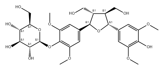 β-D-Glucopyranoside, 2,6-dimethoxy-4-[(2R,3S,4S,5R)-tetrahydro-5-(4-hydroxy-3,5-dimethoxyphenyl)-3,4-bis(hydroxymethyl)-2-furanyl]phenyl Struktur