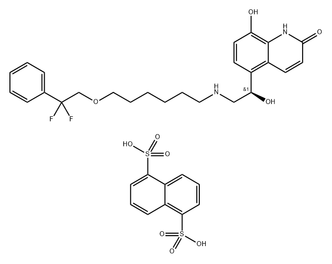 5-[(1R)-2-[6-(2,2-difluoro-2-phenyl-ethoxy)hexylamino]-1-hydroxy-ethyl]-8-hydroxy-1H-quinolin-2-one: naphthalene-1,5-disulfonic acid (2:1) Struktur