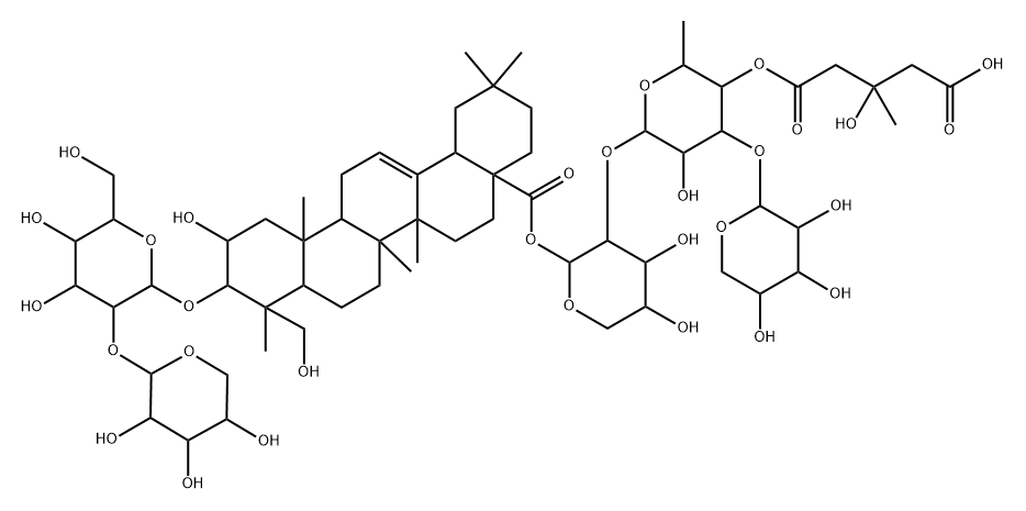 Olean-12-en-28-oic acid, 3-[(2-O-α-L-arabinopyranosyl-β-D-glucopyranosyl)oxy]-2,23-dihydroxy-, O-β-D-xylopyranosyl-(1→3)-O-4-O-(4-carboxy-3-hydroxy-3-methyl-1-oxobutyl)-6-deoxy-α-L-mannopyranosyl-(1→2)-α-L-arabinopyranosyl ester, [2β,3β,4α,28(S)]- (9CI) Struktur