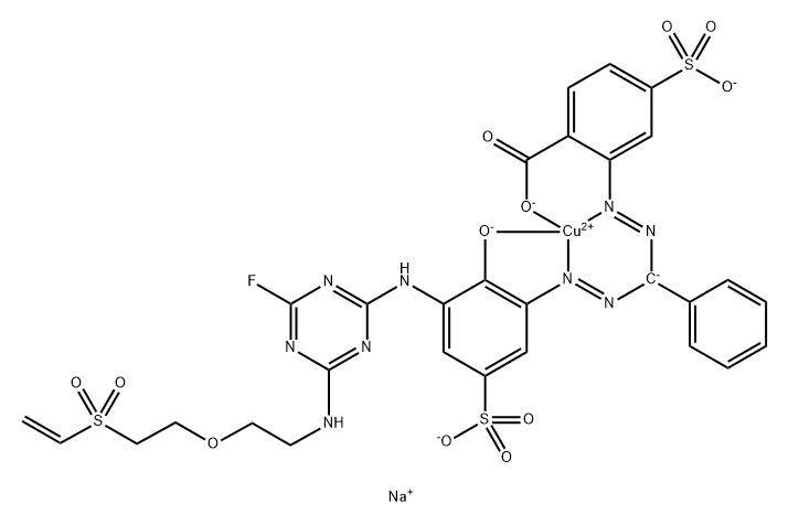 Cuprate(3-), 2-3-4-2-2-(ethenylsulfonyl)ethoxyethylamino-6-fluoro-1,3,5-triazin-2-ylamino-2-(hydroxy-.kappa.O)-5-sulfophenylazo-.kappa.N2phenylmethylazo-.kappa.N1-4-sulfobenzoato(5-)-.kappa.O-, trisodium Struktur