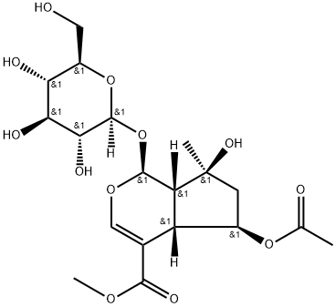 Cyclopenta[c]pyran-4-carboxylic acid, 5-(acetyloxy)-1-(β-D-glucopyranosyloxy)-1,4a,5,6,7,7a-hexahydro-7-hydroxy-7-methyl-, methyl ester, (1S,4aS,5R,7S,7aS)- Struktur