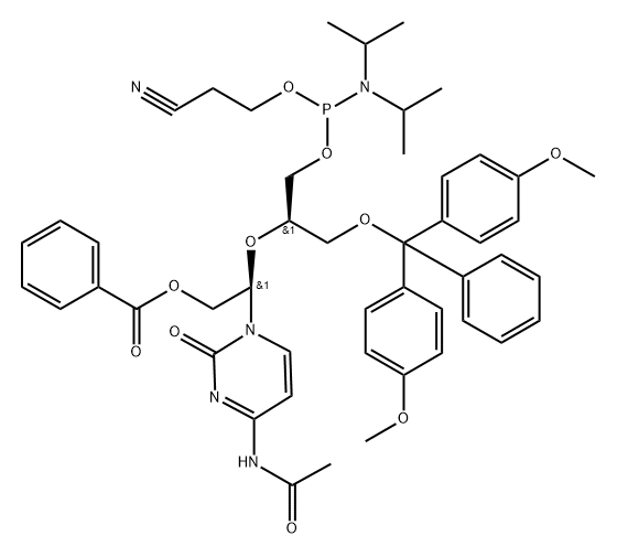 Phosphoramidous acid, N,N-bis(1-methylethyl)-, (2R)-2-[(1R)-1-[4-(acetylamino)-2-oxo-1(2H)-pyrimidinyl]-2-(benzoyloxy)ethoxy]-3-[bis(4-methoxyphenyl)phenylmethoxy]propyl 2-cyanoethyl ester Struktur