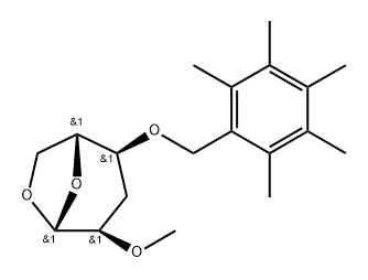 .beta.-D-ribo-Hexopyranose, 1,6-anhydro-3-deoxy-2-O-methyl-4-O-(pentamethylphenyl)methyl- Struktur