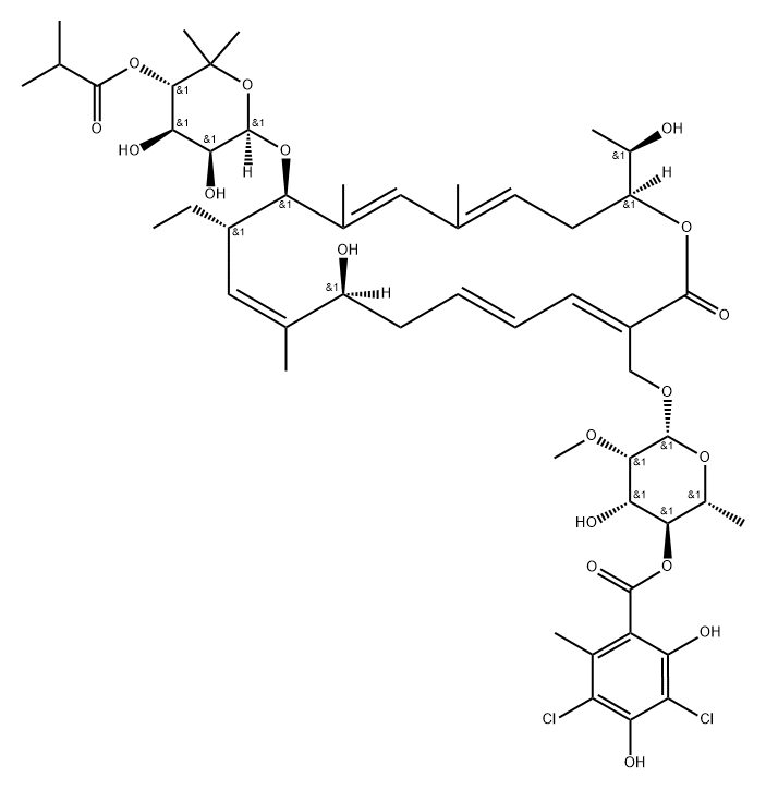 Oxacyclooctadeca-3,5,9,13,15-pentaen-2-one, 3-[[[6-deoxy-4-O-(3,5-dichloro-2,4-dihydroxy-6-methylbenzoyl)-2-O-methyl-β-D-mannopyranosyl]oxy]methyl]-12-[[6-deoxy-5-C-methyl-4-O-(2-methyl-1-oxopropyl)-β-D-lyxo-hexopyranosyl]oxy]-11-ethyl-8-hydroxy-18-[(1R)-1-hydroxyethyl]-9,13,15-trimethyl-, (3E,5E,8S,9E,11S,12R,13E,15E,18S)- Struktur