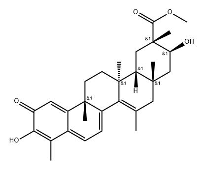 24,25,26,27-Tetranoroleana-1(10),3,5,7,14-pentaen-29-oic acid, 3,21-dihydroxy-9,13,15-trimethyl-2-oxo-, methyl ester, (9β,13α,20α,21β)- Struktur