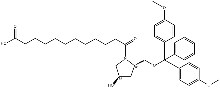 1-Pyrrolidinedodecanoic acid, 2-[[bis(4-methoxyphenyl)phenylmethoxy]methyl]-4-hydroxy-λ-oxo-, (2S,4R)- Struktur