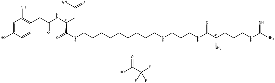 Butanediamide, N1-[9-[[3-[[(2S)-2-amino-5-[(aminoiminomethyl)amino]-1-oxopentyl]amino]propyl]amino]nonyl]-2-[[2-(2,4-dihydroxyphenyl)acetyl]amino]-, (2S)-, 2,2,2-trifluoroacetate (1:3) Struktur