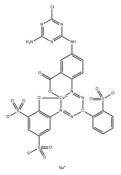 Cuprate(4-), 5-(4-amino-6-chloro-1,3,5-triazin-2-yl)amino-2-2-(hydroxy-.kappa.O)-3,5-disulfophenylazo-.kappa.N2(2-sulfophenyl)methylazo-.kappa.N1benzoato(6-)-.kappa.O-, tetrasodium Struktur