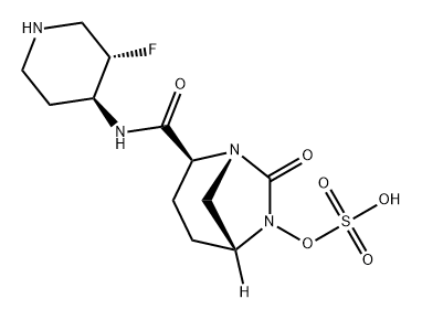 (2S,5R)-2-(((3S,4S)-3-fluoropiperidin-4-yl)carbamoyl)-7-oxo-1,6-diazabicyclo[3.2.1]octan-6-yl hydrogen sulfate Struktur