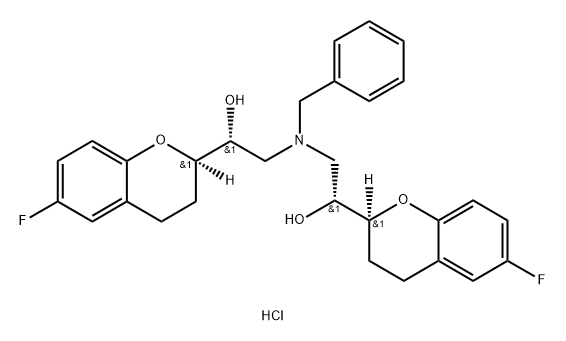 (1R)-2-(benzyl{(2R)-2-[(2R)-6-fluoro-3,4-dihydro-2H-chromen-2-yl]-2-hydroxyethyl}amino)-1-[(2S)-6-fluoro-3,4-dihydro-2H-chromen-2-yl]ethanol hydrochloride (1:1) Struktur