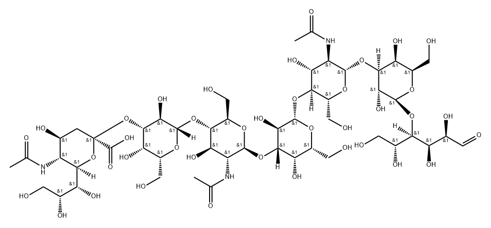 O-(N-acetyl-alpha-neuraminosyl)-(2->3)-O-beta-D-galactopyranosyl-(1->4)-O-2-(acetylamino)-2-deoxy-beta-D-glucopyranosyl-(1->3)-O-beta-D-galactopyranosyl-(1->4)-O-2-(acetylamino)-2-deoxy-beta-D-glucopyranosyl-(1->3)-O-beta-D-galactopyranosyl-(1->4)- D-Gluc Struktur