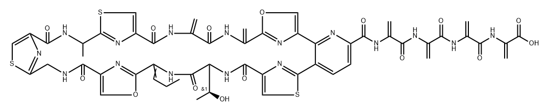 Alanine, threonyl-2-(1-amino-1-buten-1-yl)-4-oxazolecarbonyl-2-(aminomethyl)-4-thiazolecarbonyl-2-(1-aminoethyl)-4-thiazolecarbonyl-2,3-didehydroalanyl-6-[2-(1-aminoethenyl)-4-oxazolyl]-5-(4-carboxy-2-thiazolyl)-2-pyridinecarbonyl-2,3-didehydroalanyl-2,3-didehydroalanyl-2,3-didehydroalanyl-2,3-didehydro-, (6→1)-lactam Struktur