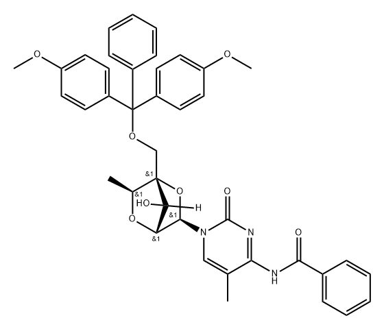 Benzamide, N-[1-[2,5-anhydro-4-C-[[bis(4-methoxyphenyl)phenylmethoxy]methyl]-6-deoxy-α-L-mannofuranosyl]-1,2-dihydro-5-methyl-2-oxo-4-pyrimidinyl]- Struktur