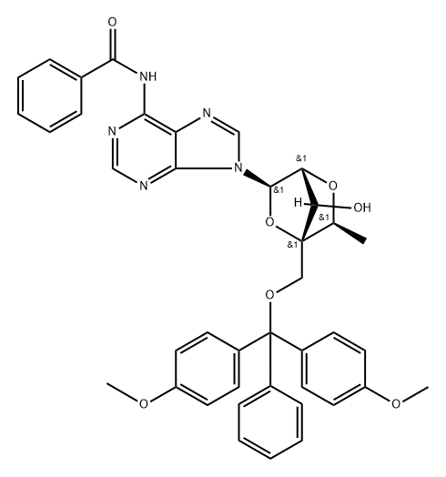 Benzamide, N-[9-[2,5-anhydro-4-C-[[bis(4-methoxyphenyl)phenylmethoxy]methyl]-6-deoxy-α-L-mannofuranosyl]-9H-purin-6-yl]- Struktur