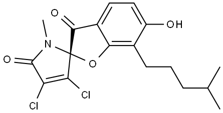 Spiro[benzofuran-2(3H),2'-[2H]pyrrole]-3,5'(1'H)-dione, 3',4'-dichloro-6-hydroxy-1'-methyl-7-(4-methylpentyl)-, (2R)- Struktur