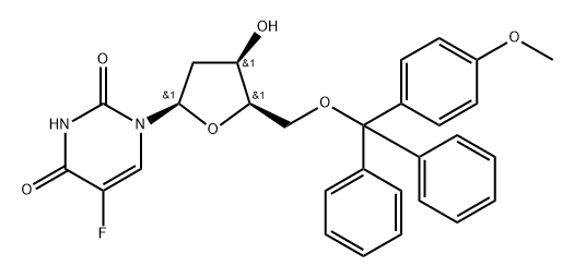 2,4(1H,3H)-Pyrimidinedione, 1-[2-deoxy-5-O-[(4-methoxyphenyl)diphenylmethyl]-β-D-threo-pentofuranosyl]-5-fluoro- Struktur