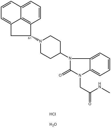 1H-Benzimidazole-1-acetamide, 3-[1-[(1R)-1,2-dihydro-1-acenaphthylenyl]-4-piperidinyl]-2,3-dihydro-N-methyl-2-oxo-, hydrochloride, hydrate (1:1:1) Struktur