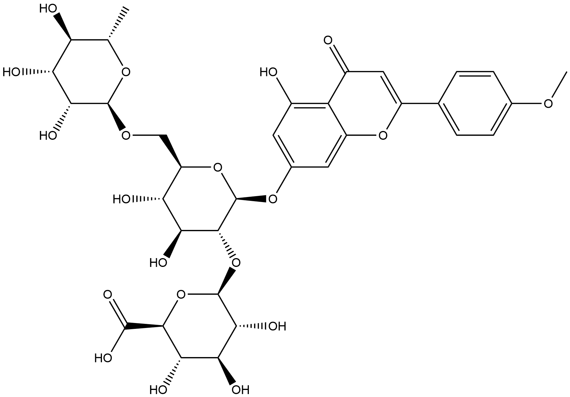 4H-1-Benzopyran-4-one, 7-[(O-6-deoxy-α-L-mannopyranosyl-(1→6)-O-[β-D-glucopyranuronosyl-(1→2)]-β-D-glucopyranosyl)oxy]-5-hydroxy-2-(4-methoxyphenyl)- Struktur