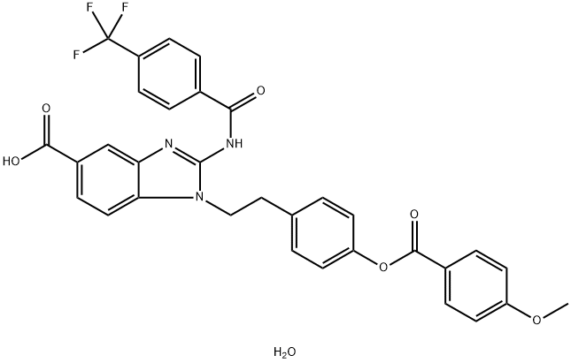 1-{2-[4-(4-Methoxybenzoyloxy)phenyl]ethyl}-2-(4-trifluoromethylbenzoylamino)-1H-benzoimidazole-5-carboxylic acid hydrate Struktur