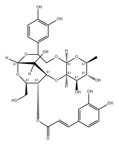 α-D-Glucopyranose, 3-O-(2,6-dideoxy-β-L-mannopyranos-2-yl)-1,1'-[1-(3,4-dihydroxyphenyl)-1,2-ethanediyl]-, 4-[(2E)-3-(3,4-dihydroxyphenyl)-2-propenoate] Struktur