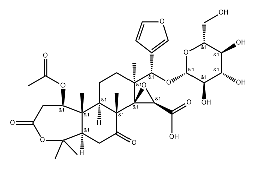 Spiro[naphth[2,1-c]oxepin-8(5H),2'-oxirane]-3'-carboxylic acid, 1-(acetyloxy)-9-[(S)-3-furanyl(β-D-glucopyranosyloxy)methyl]dodecahydro-5,5,7a,9,11b-pentamethyl-3,7-dioxo-, (1R,2'R,3'R,5aR,7aR,9S,11aR,11bR)- Struktur