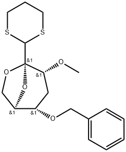 .beta.-D-ribo-Heptos-2-ulo-2,6-pyranose, 2,7-anhydro-4-deoxy-3-O-methyl-5-O-(phenylmethyl)-, cyclic 1,3-propanediyl dithioacetal Struktur