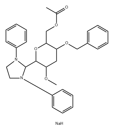 D-ribo-Hexitol, 1,5-anhydro-3-deoxy-1-C-(1,3-diphenyl-2-imidazolidinyl)-2-O-methyl-4-O-(phenylmethyl)-, 6-acetate, monosodium salt, (1S)- Struktur