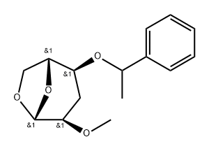 .beta.-D-ribo-Hexopyranose, 1,6-anhydro-3-deoxy-2-O-methyl-4-O-(1-phenylethyl)- Struktur