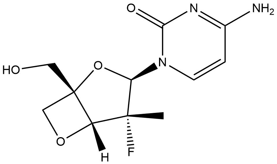 2(1H)-Pyrimidinone, 4-amino-1-[(2R)-3,5-anhydro-2-deoxy-2-fluoro-4-C-(hydroxymethyl)-2-methyl-α-L-threo-pentofuranosyl]- Struktur