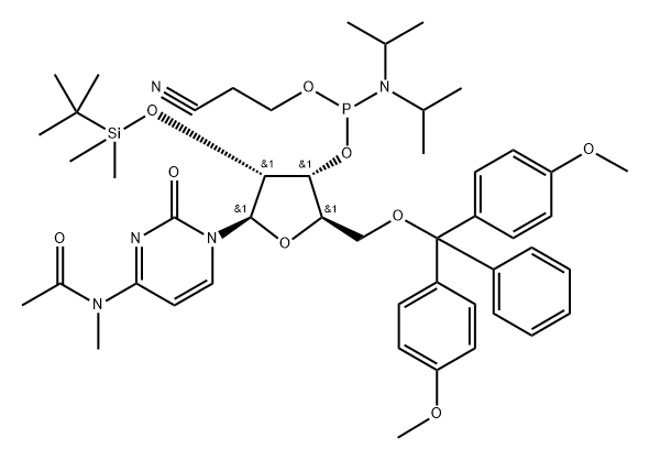 Cytidine, N-?acetyl-?5'-?O-?[bis(4-?methoxyphenyl)?phenylmethyl]?-?2'-?O-?[(1,?1-?dimethylethyl)?dimethylsilyl]?-?N-?methyl-?, 3'-?[2-?cyanoethyl N,?N-?bis(1-?methylethyl)?phosphoramidite] Struktur