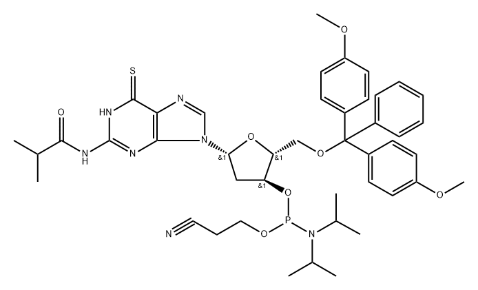 2'-Deoxy-5'-O-DMT-N2-isobutyryl-6-thioguanosine 3-CE phosphoramidite Struktur