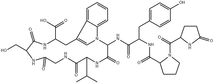 L-Tryptophan, L-valylglycyl-L-seryl-1-[(R)-carboxy[(5-oxo-L-prolyl-L-prolyl-L-tyrosyl)amino]methyl]-, (41→1)-lactam Struktur