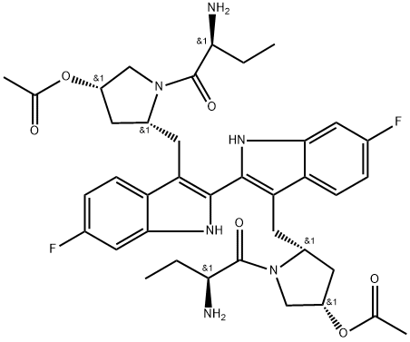 1-?Butanone, 1,?1'-?[(6,?6'-?difluoro[2,?2'-?bi-?1H-?indole]?-?3,?3'-?diyl)?bis[methylene[(2R,?4S)?-?4-?(acetyloxy)?-?2,?1-?pyrrolidinediyl]?]?]?bis[2-?amino-?, (2S,?2'S)?- Struktur