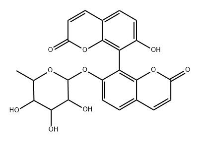 [8,8'-Bi-2H-1-benzopyran]-2,2'-dione, 7-[(6-deoxy-α-L-mannopyranosyl)oxy]-7'-hydroxy-, (8R)- Struktur