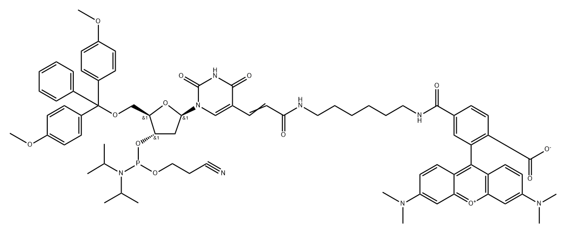 5'-Dimethoxytrityloxy-5-N-((tetramethylrhodaminyI)-aminohexyI)-3-acrylimido]-2'- deoxyuridine -3'-  [(2- cyanoethyI) N, N-diisopropyl)]-Phosphoramidite Struktur