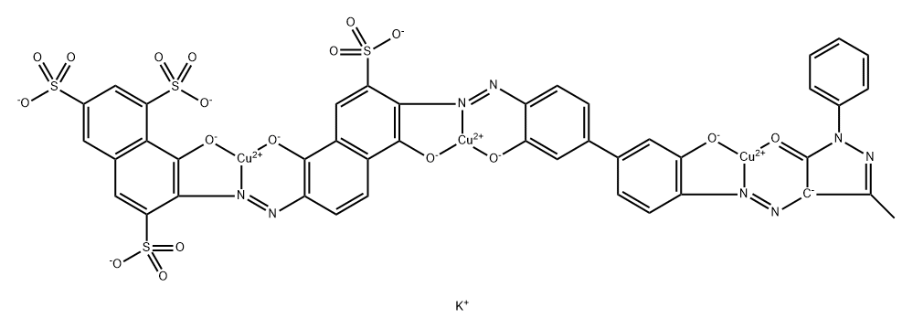 Cuprate(4-), [μ3-[7-[[6-[[4'-[(4,5-dihydro- 3-methyl-5-oxo-1-phenyl-1H-pyrazol-4-yl)azo ]-3,3'-dihydroxy[1,1'-biphenyl]-4-yl]azo]-1,5-dihydrox y-7-sulfo-2-naphthalenyl]azo]-8-hydroxy-1,3 ,6-naphthalenetrisulfonato(10-)]]tri-, tetrapotassium Struktur